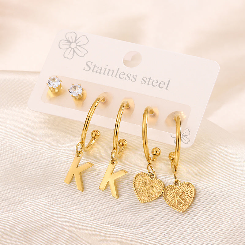 Simple Style Shiny Letter Heart Shape Plating Inlay 304 Stainless Steel Zircon 18K Gold Plated Drop Earrings, set of 3 pairs