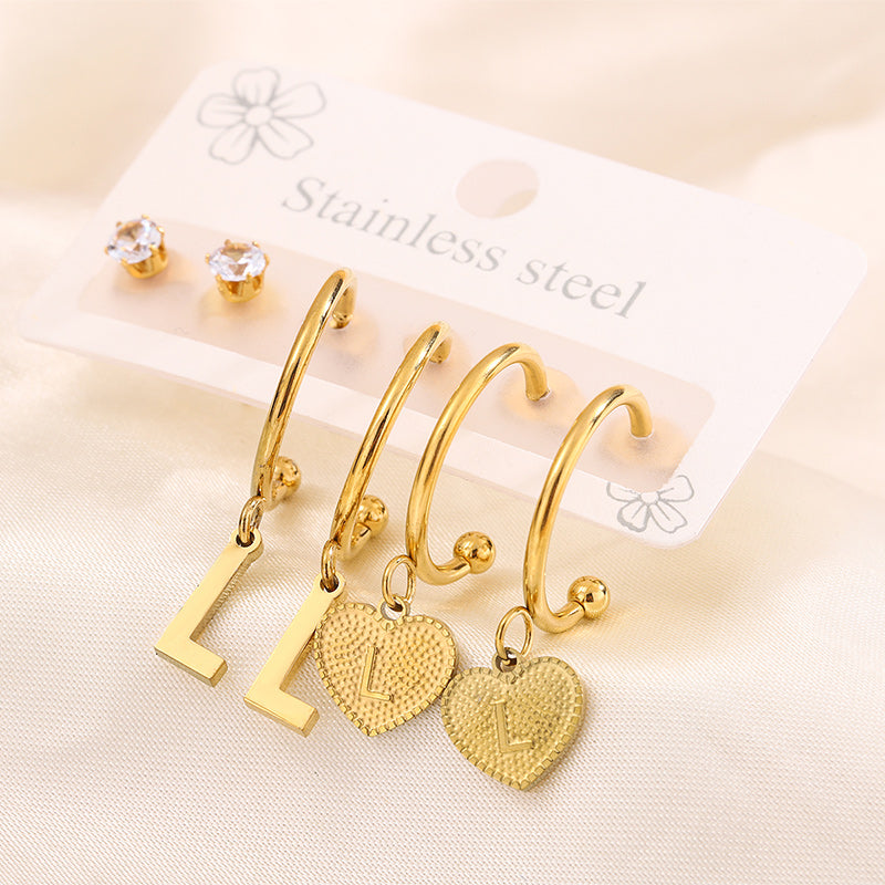 Simple Style Shiny Letter Heart Shape Plating Inlay 304 Stainless Steel Zircon 18K Gold Plated Drop Earrings, set of 3 pairs