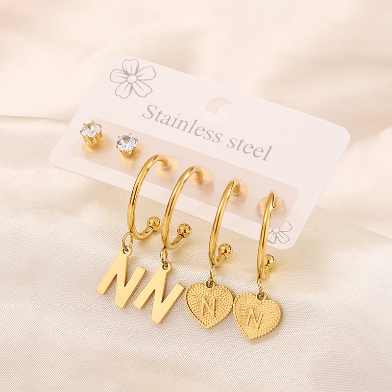 Simple Style Shiny Letter Heart Shape Plating Inlay 304 Stainless Steel Zircon 18K Gold Plated Drop Earrings, set of 3 pairs