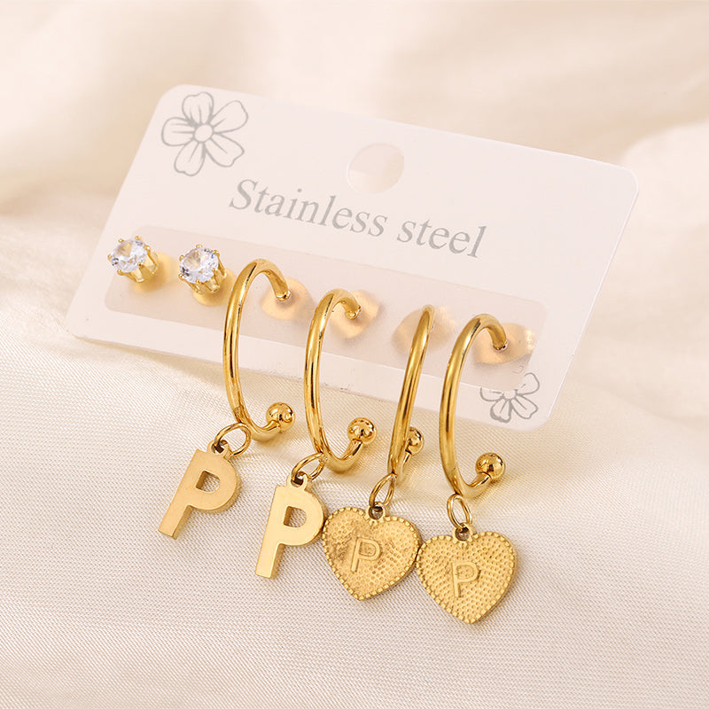 Simple Style Shiny Letter Heart Shape Plating Inlay 304 Stainless Steel Zircon 18K Gold Plated Drop Earrings, set of 3 pairs