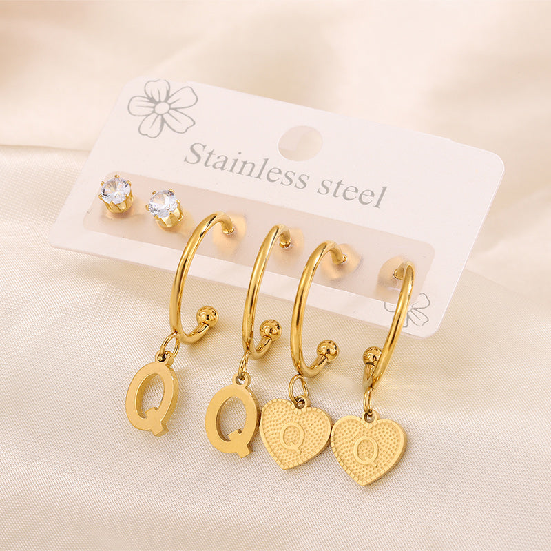 Simple Style Shiny Letter Heart Shape Plating Inlay 304 Stainless Steel Zircon 18K Gold Plated Drop Earrings, set of 3 pairs