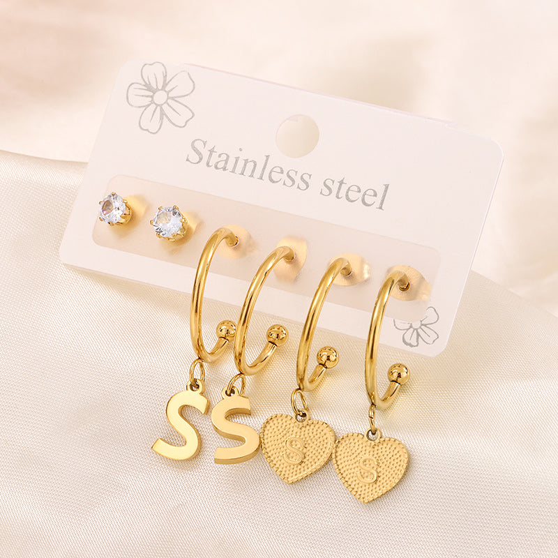 Simple Style Shiny Letter Heart Shape Plating Inlay 304 Stainless Steel Zircon 18K Gold Plated Drop Earrings, set of 3 pairs