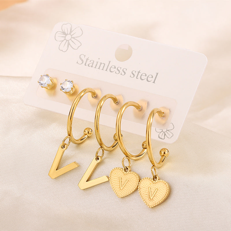 Simple Style Shiny Letter Heart Shape Plating Inlay 304 Stainless Steel Zircon 18K Gold Plated Drop Earrings, set of 3 pairs