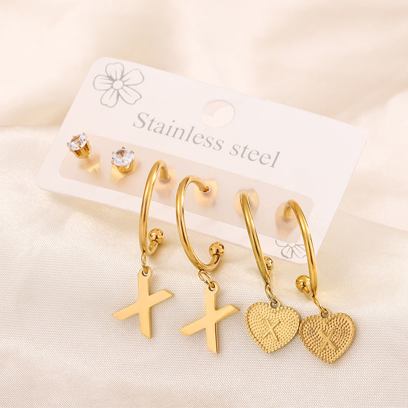 Simple Style Shiny Letter Heart Shape Plating Inlay 304 Stainless Steel Zircon 18K Gold Plated Drop Earrings, set of 3 pairs