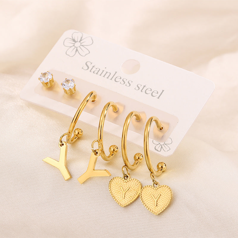 Simple Style Shiny Letter Heart Shape Plating Inlay 304 Stainless Steel Zircon 18K Gold Plated Drop Earrings, set of 3 pairs