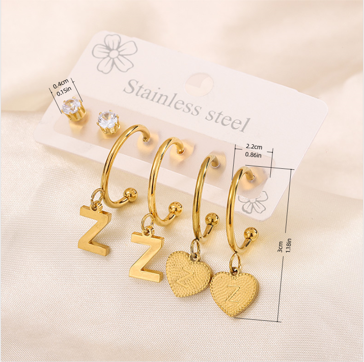 Simple Style Shiny Letter Heart Shape Plating Inlay 304 Stainless Steel Zircon 18K Gold Plated Drop Earrings, set of 3 pairs