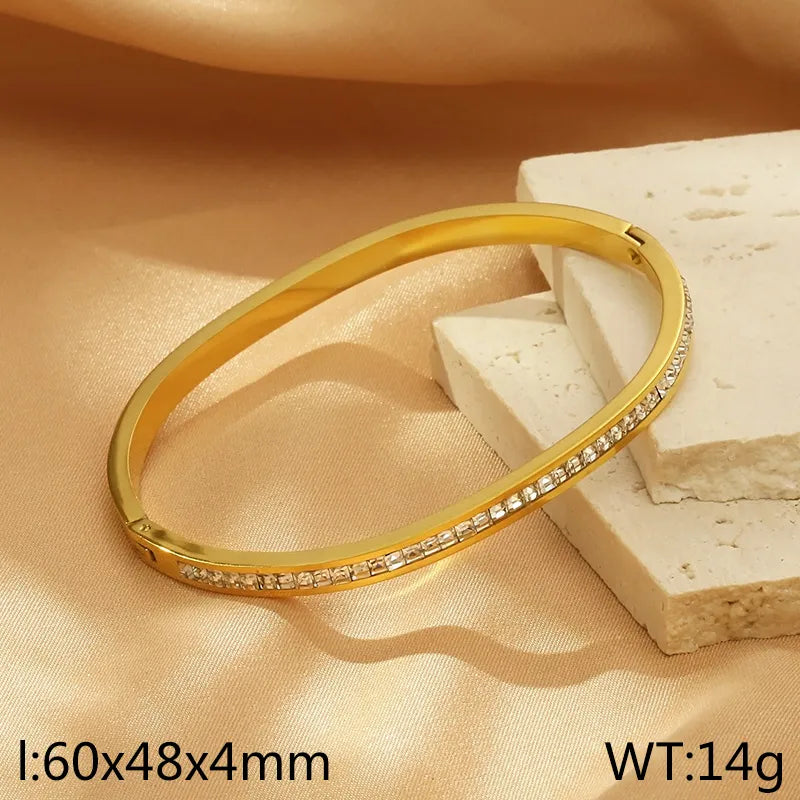 Simple Style Solid Color 304 Stainless Steel 18K Gold Plated Rhinestones Bangle In Bulk