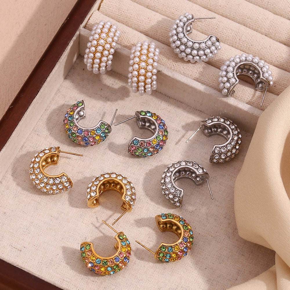 Classic Style Color Block Inlay 304 Stainless Steel Rhinestones Pearl 18K Gold Plated Ear Studs