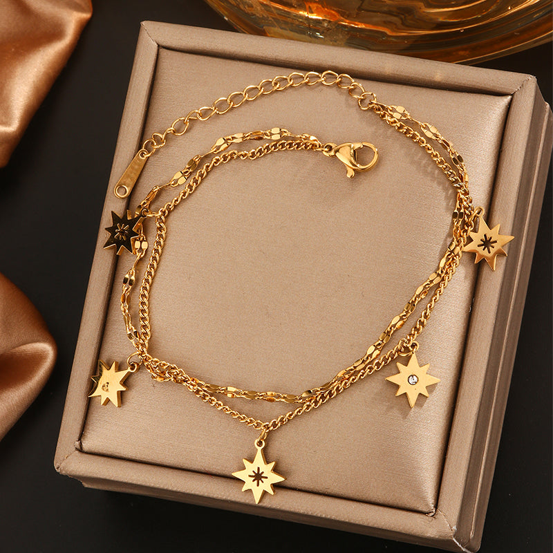 304 Stainless Steel 18K Gold Plated Vintage Style Novelty Classic Style Plating Inlay Star Life Tree Butterfly Artificial Rhinestones Turquoise Bracelets Anklet