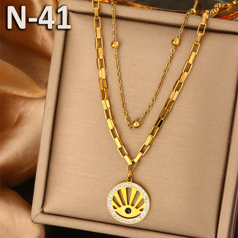 316L Stainless Steel 18K Gold Plated Vintage Style Commute Plating Inlay Devil's Eye Heart Shape Lock Turquoise Rhinestones Pearl Layered Necklaces
