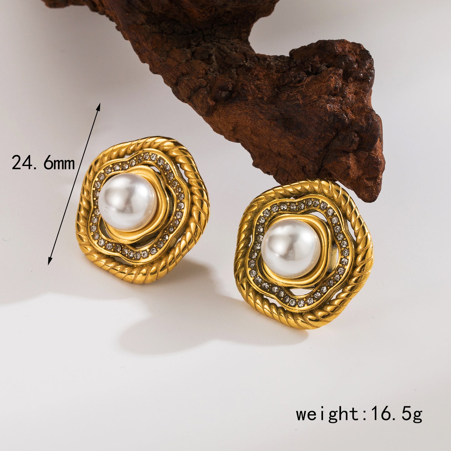 Round Flower 304 Stainless Steel Artificial Pearls Zircon 18K Gold Plated Ear Studs