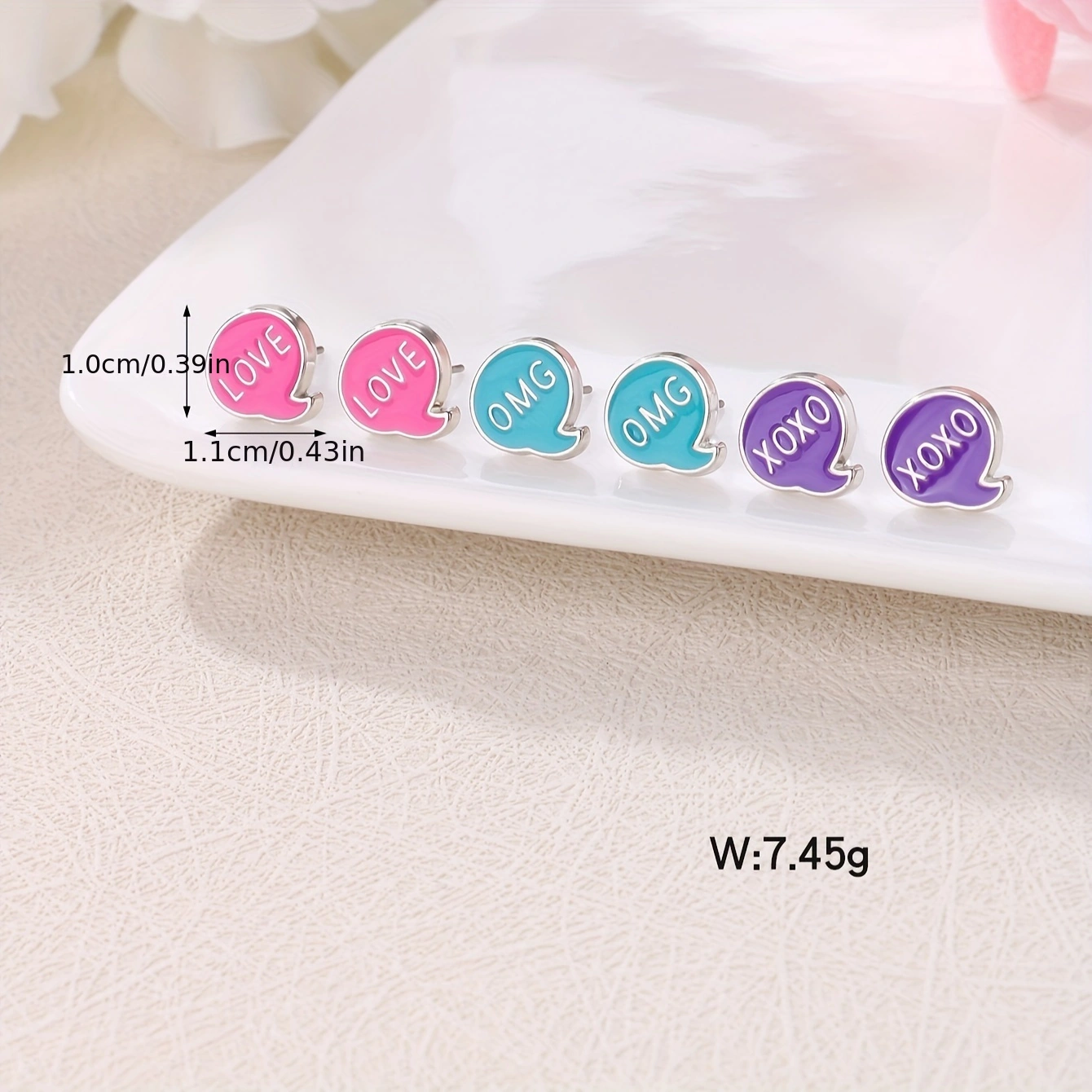 Χαριτωμένα σκουλαρίκια LOVE, OMG και XOXO από κράμα ψευδαργύρου, 3 ζεύγη