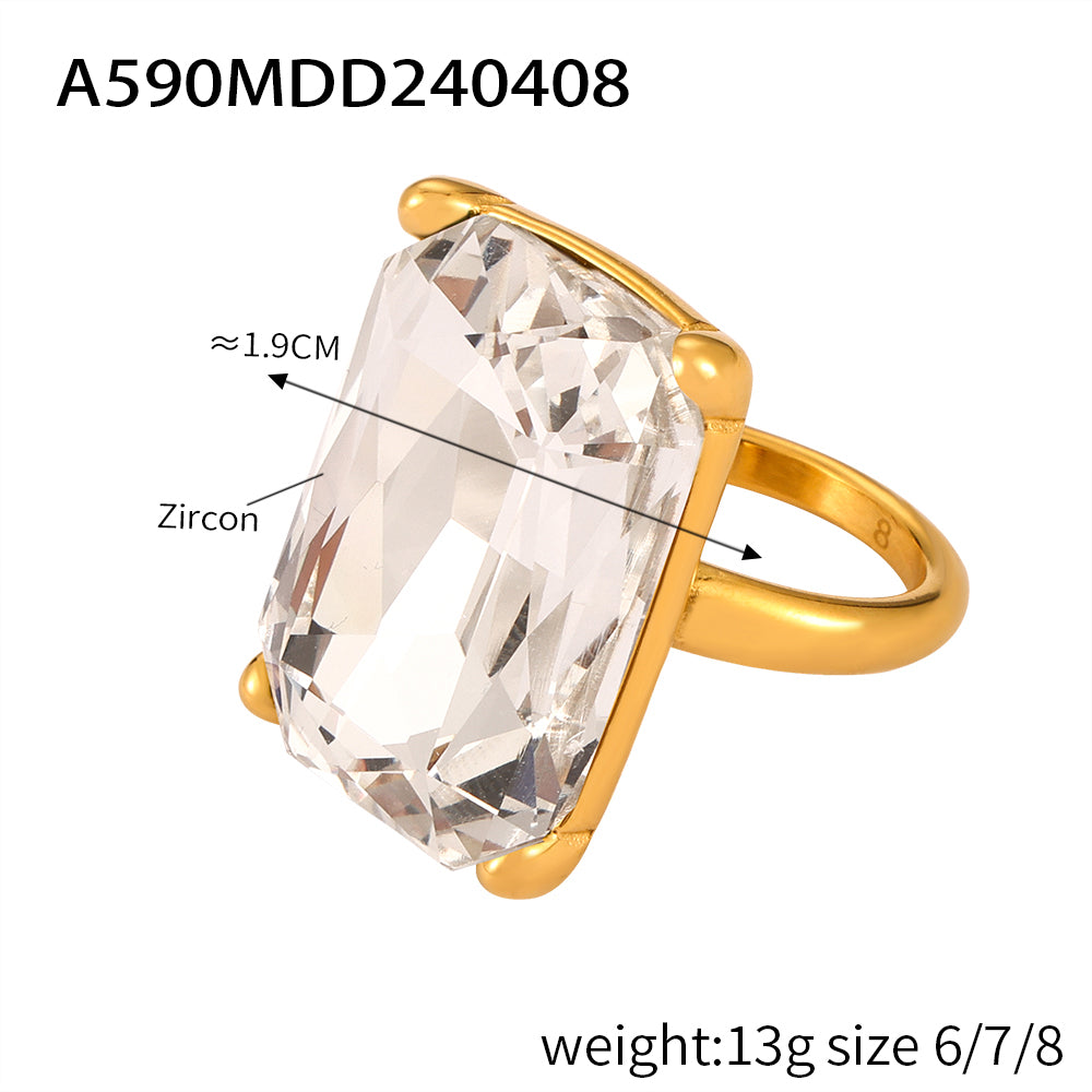 Round Rectangle 304 Stainless Steel 18K Gold Plated Rhinestones Zircon Open Rings