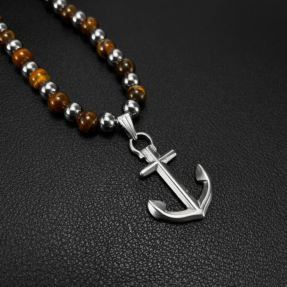 Anchor 304 Stainless Steel Tiger Eye Pendant Necklace