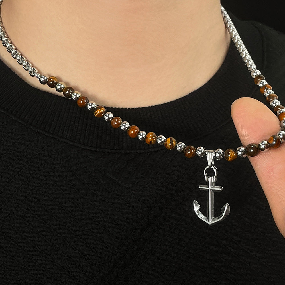 Anchor 304 Stainless Steel Tiger Eye Pendant Necklace