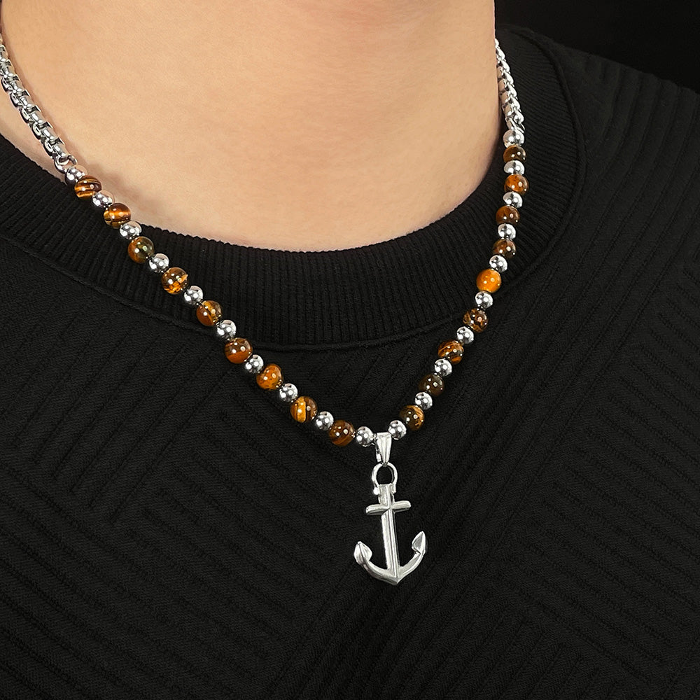 Anchor 304 Stainless Steel Tiger Eye Pendant Necklace