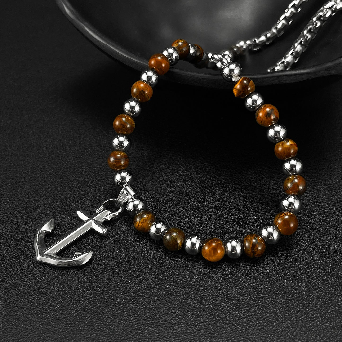 Anchor 304 Stainless Steel Tiger Eye Pendant Necklace