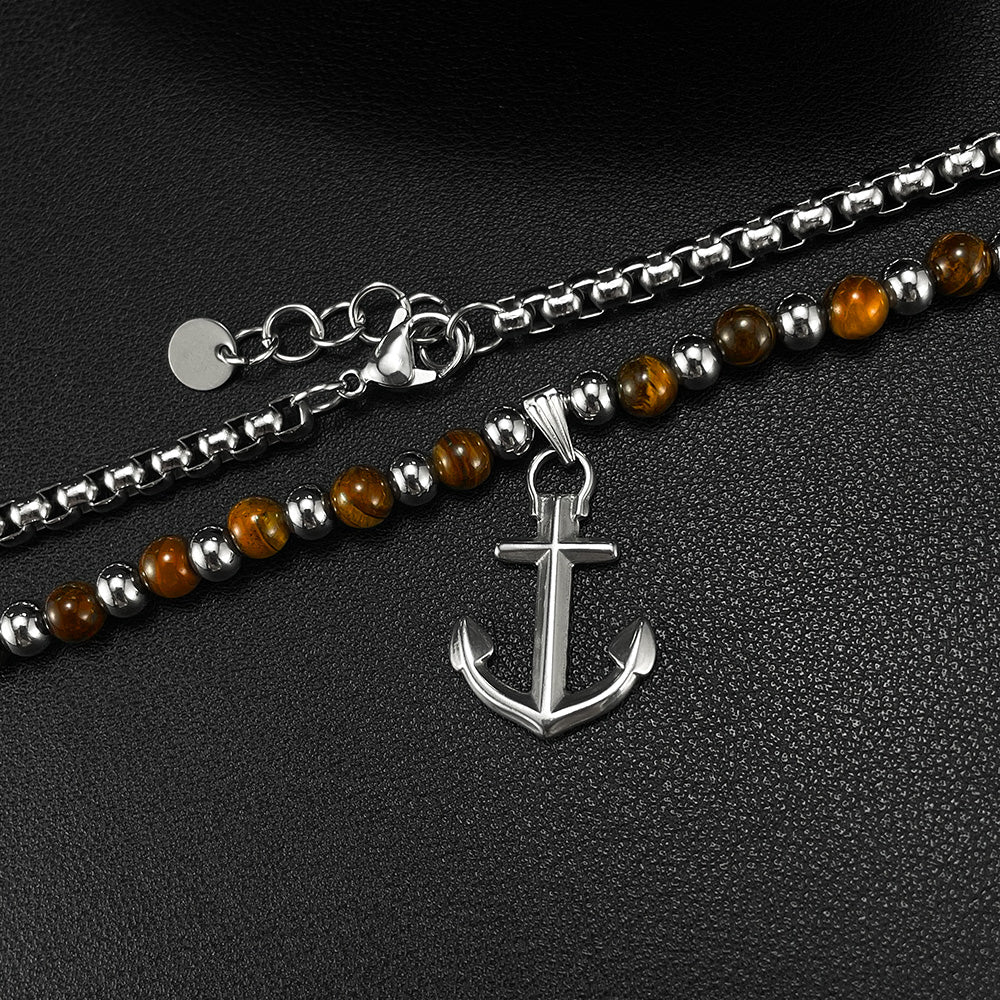 Anchor 304 Stainless Steel Tiger Eye Pendant Necklace