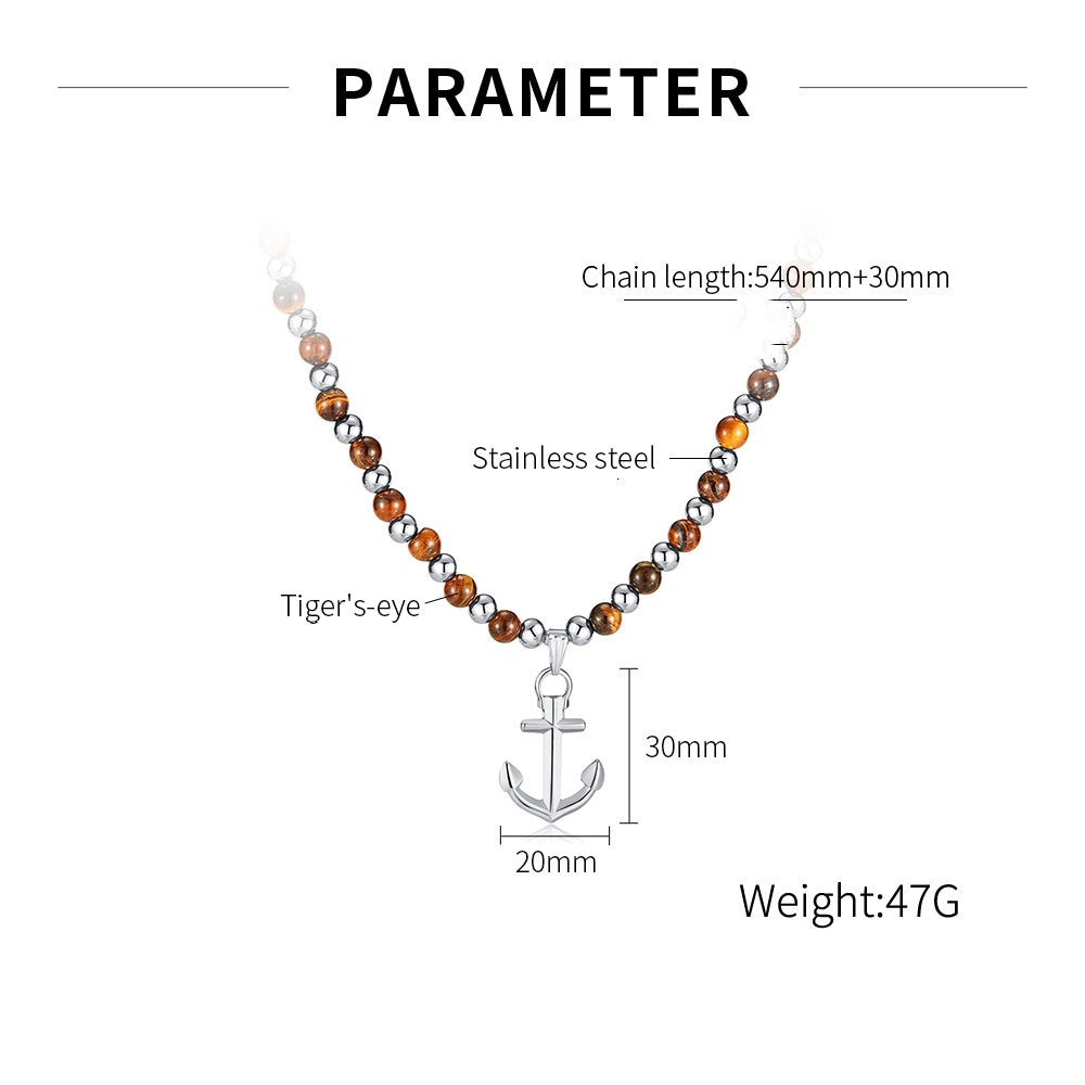 Anchor 304 Stainless Steel Tiger Eye Pendant Necklace