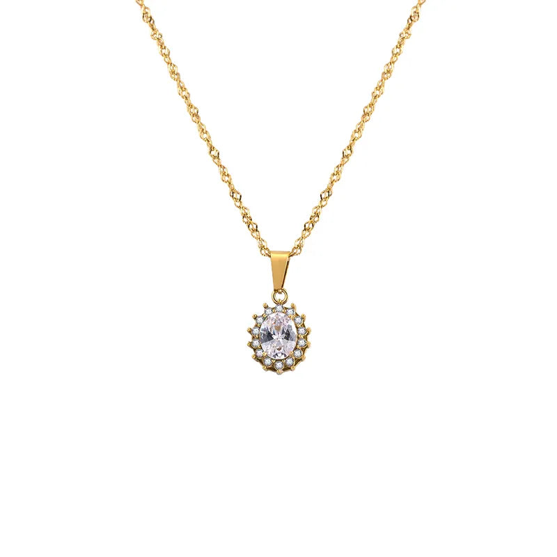 304 Stainless Steel 18K Gold Plated IG Style Glam French Style Plating Inlay Oval Rhinestones Zircon Pendant Necklace