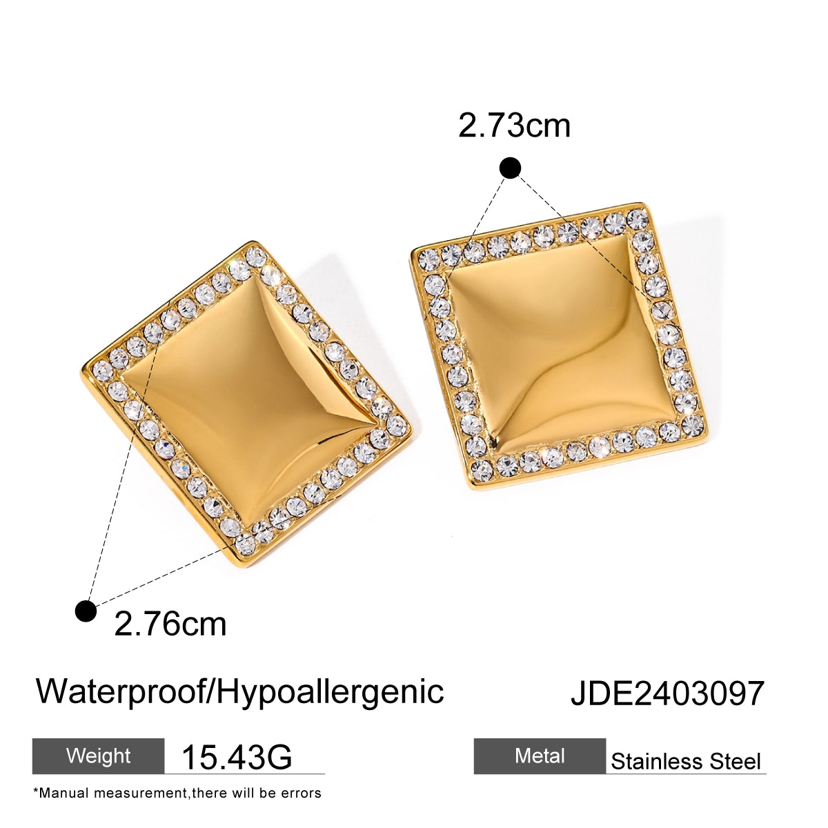 IG Style Simple Style Square Plating Inlay 316 Stainless Steel Zircon 18K Gold Plated Ear Studs