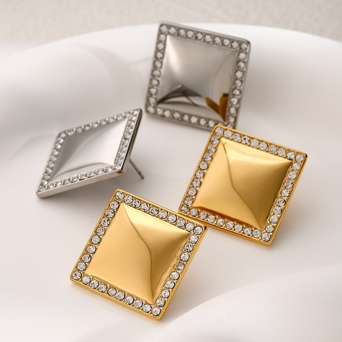 IG Style Simple Style Square Plating Inlay 316 Stainless Steel Zircon 18K Gold Plated Ear Studs