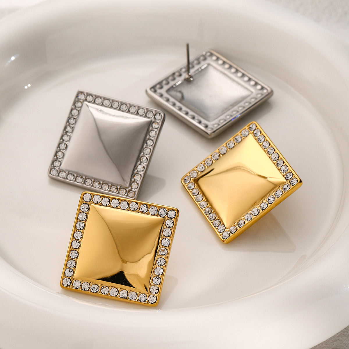 IG Style Simple Style Square Plating Inlay 316 Stainless Steel Zircon 18K Gold Plated Ear Studs