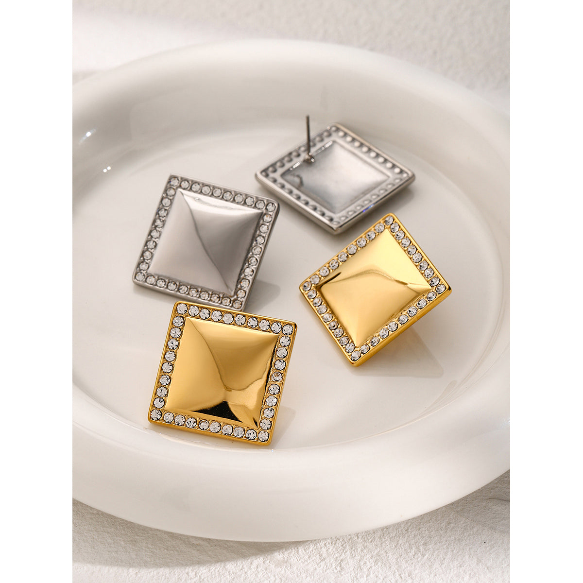 IG Style Simple Style Square Plating Inlay 316 Stainless Steel Zircon 18K Gold Plated Ear Studs