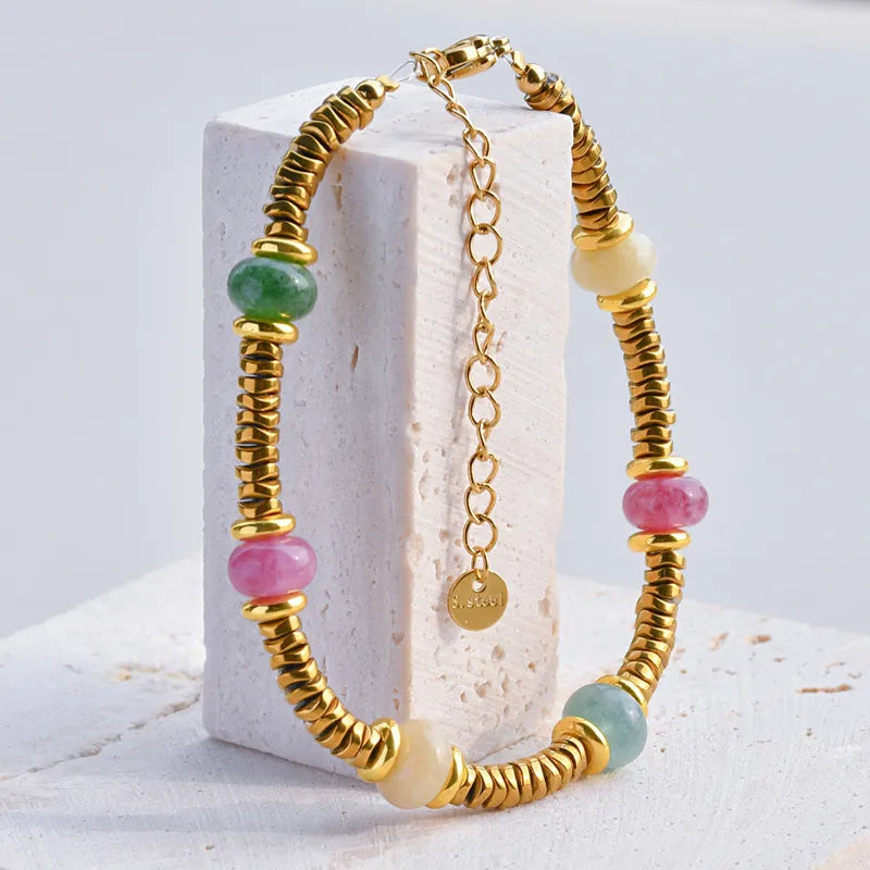 Classic Style Round 304 Stainless Steel Natural Stone Gold Plated Bracelets