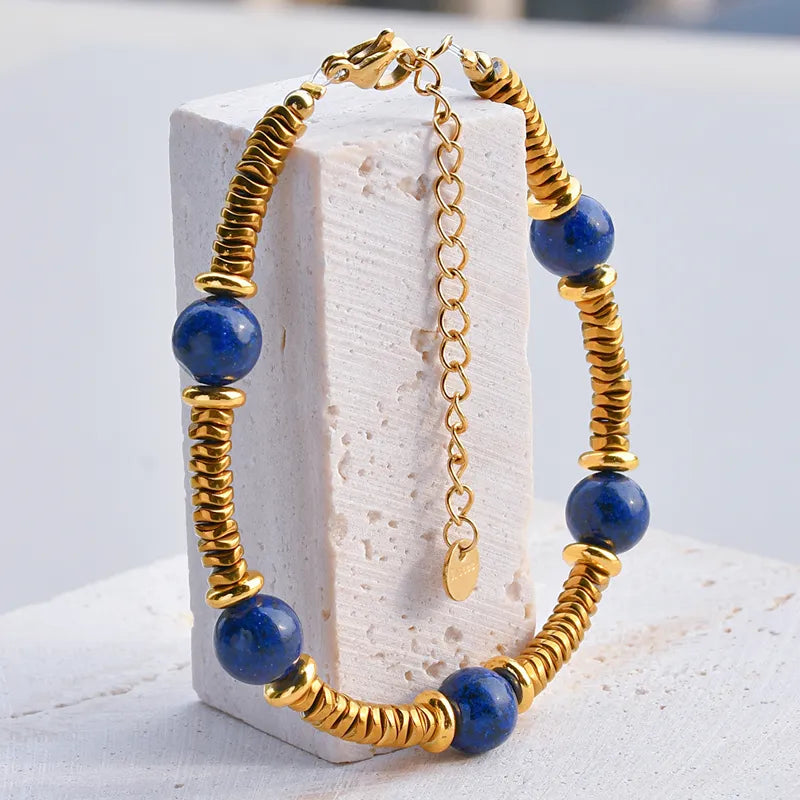 Classic Style Round 304 Stainless Steel Natural Stone Gold Plated Bracelets