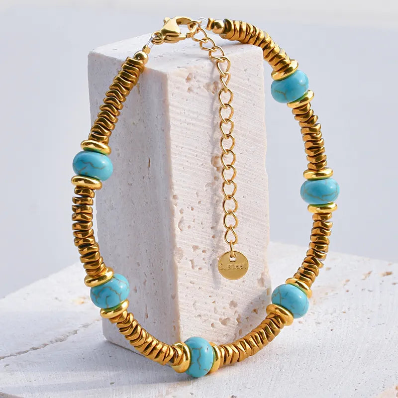 Classic Style Round 304 Stainless Steel Natural Stone Gold Plated Bracelets