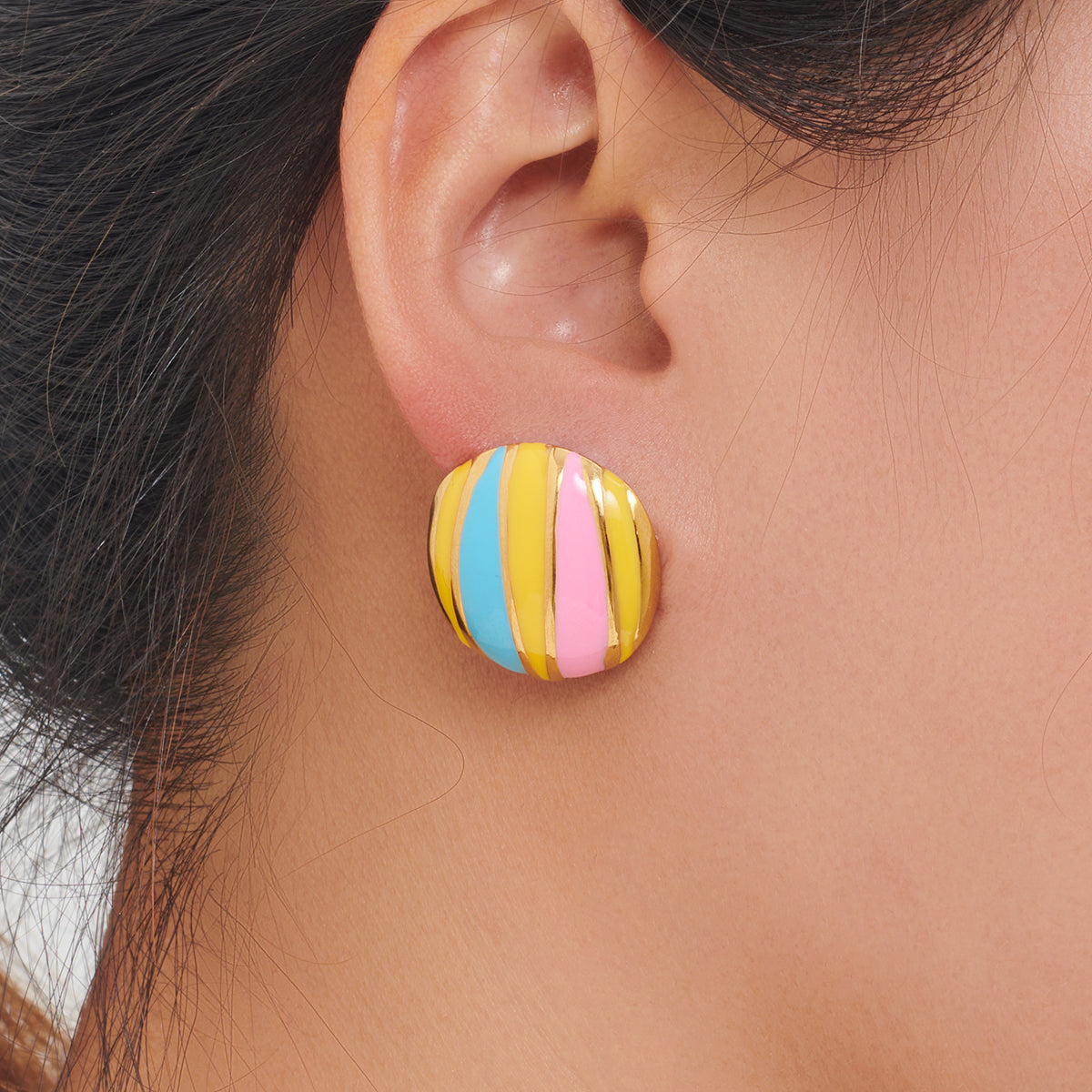 Artistic Round Stripe Enamel Plating 304 Stainless Steel 18K Gold Plated Ear Studs