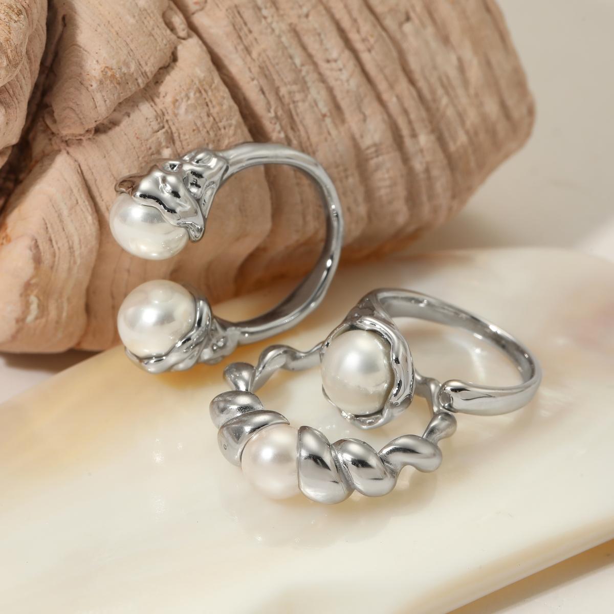 304 Stainless Steel Round Artificial Pearls Rings