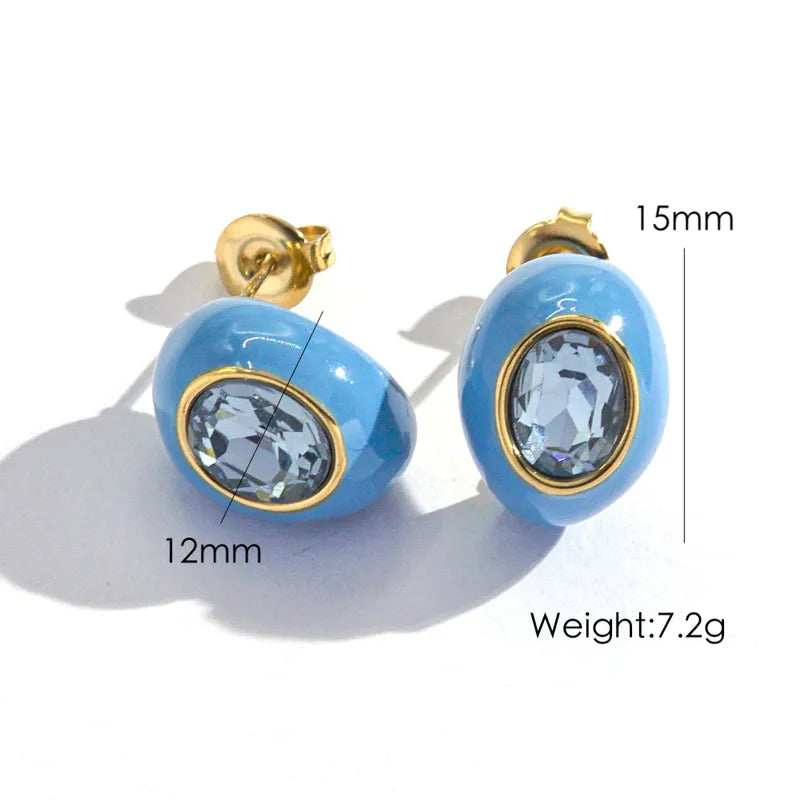 IG Style Sweet Simple Style Oval Enamel Inlay 304 Stainless Steel Zircon 14K Gold Plated Ear Studs