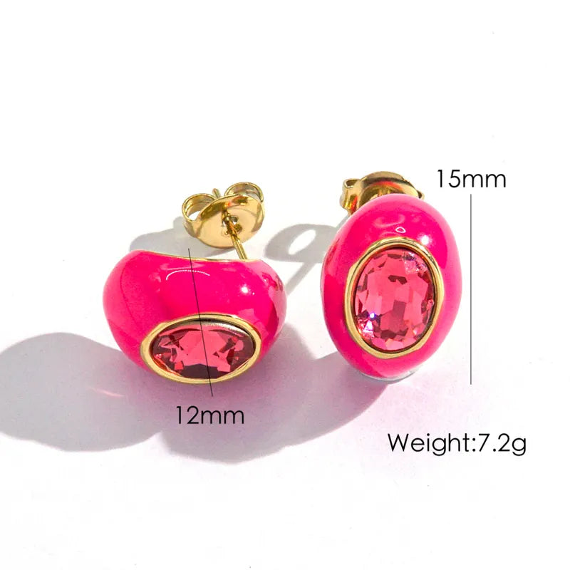 IG Style Sweet Simple Style Oval Enamel Inlay 304 Stainless Steel Zircon 14K Gold Plated Ear Studs