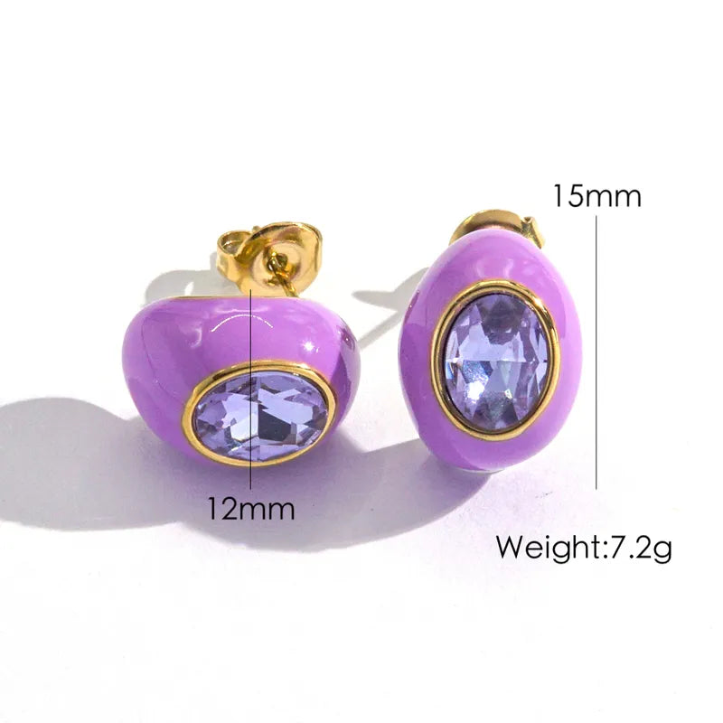 IG Style Sweet Simple Style Oval Enamel Inlay 304 Stainless Steel Zircon 14K Gold Plated Ear Studs