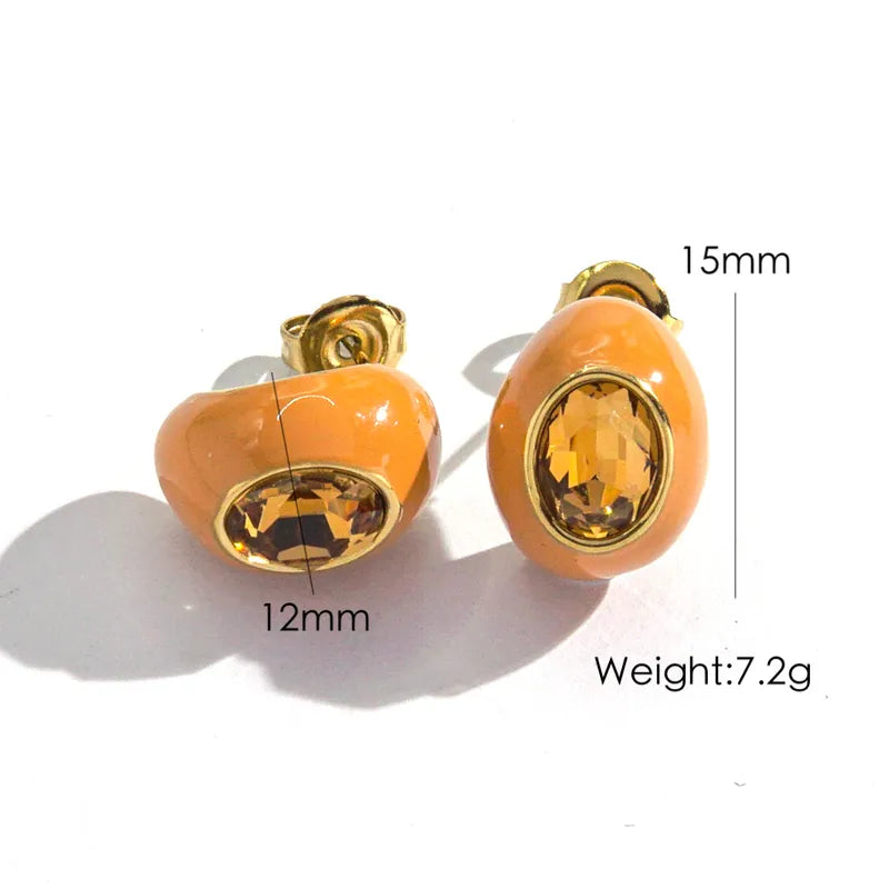 IG Style Sweet Simple Style Oval Enamel Inlay 304 Stainless Steel Zircon 14K Gold Plated Ear Studs