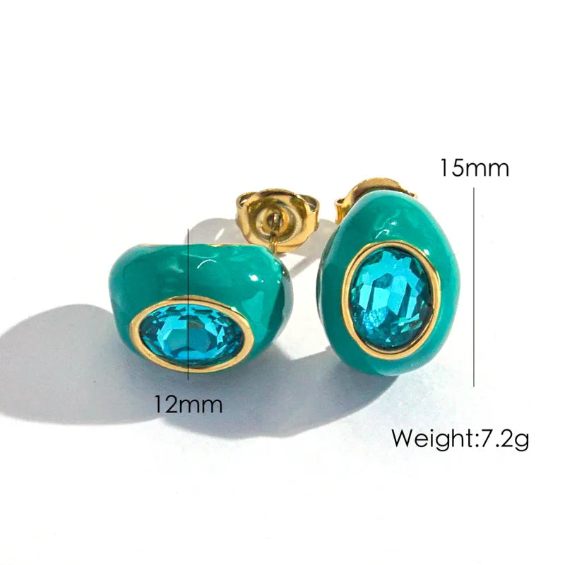 IG Style Sweet Simple Style Oval Enamel Inlay 304 Stainless Steel Zircon 14K Gold Plated Ear Studs