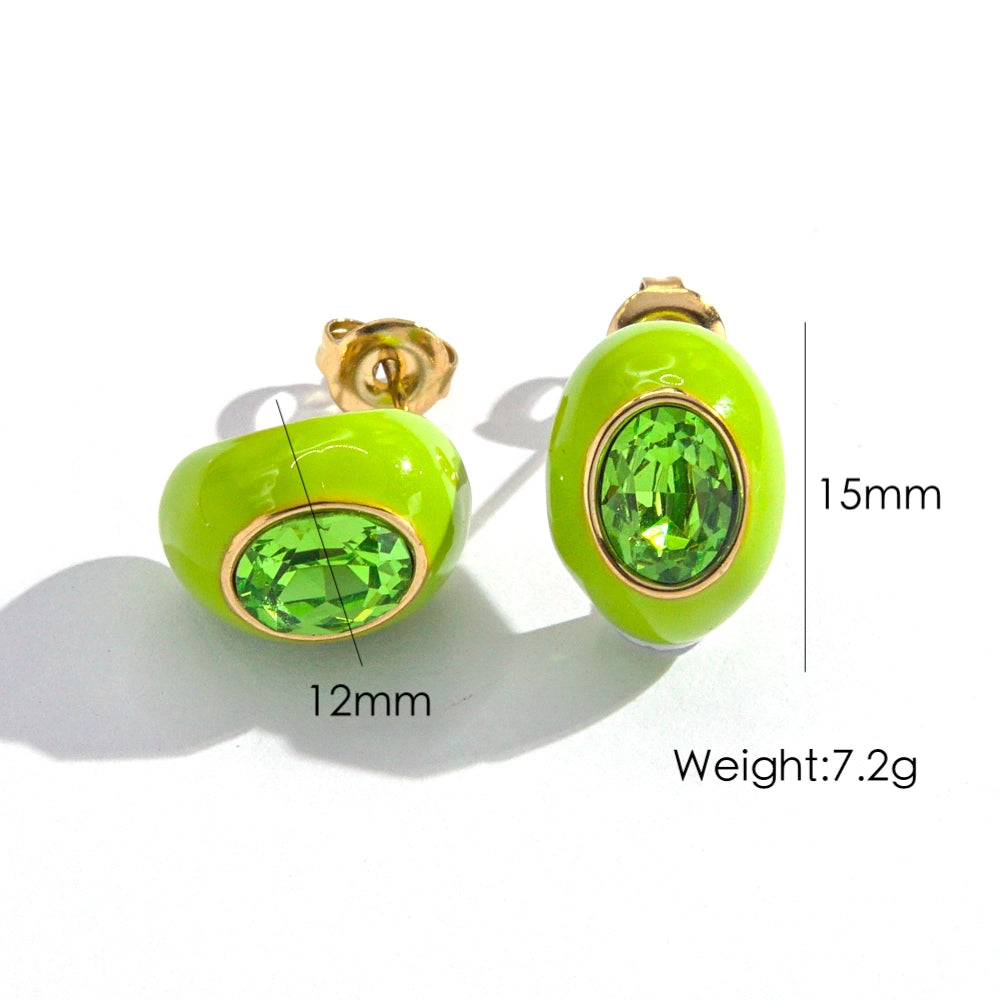 IG Style Sweet Simple Style Oval Enamel Inlay 304 Stainless Steel Zircon 14K Gold Plated Ear Studs