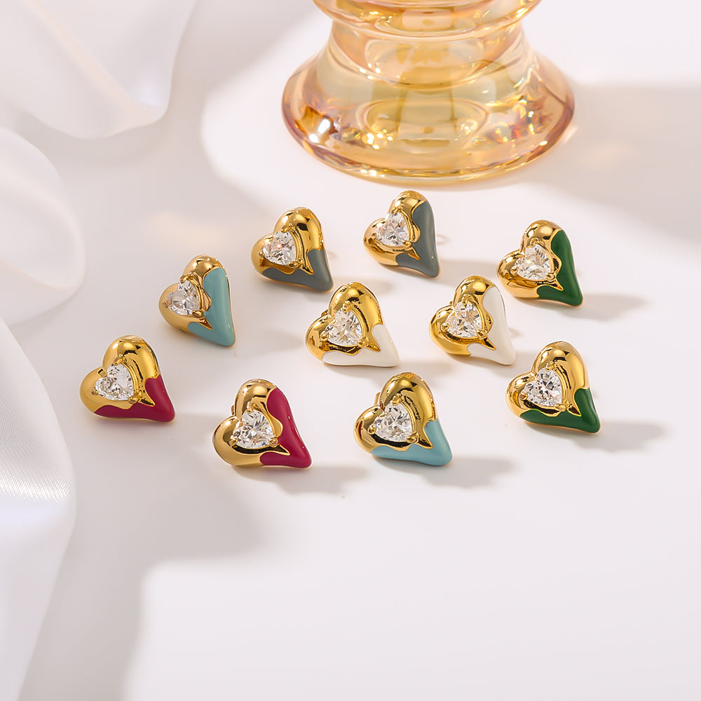 Simple Style Shiny Heart Shape Plating Inlay 304 Stainless Steel Zircon 18K Gold Plated Ear Studs