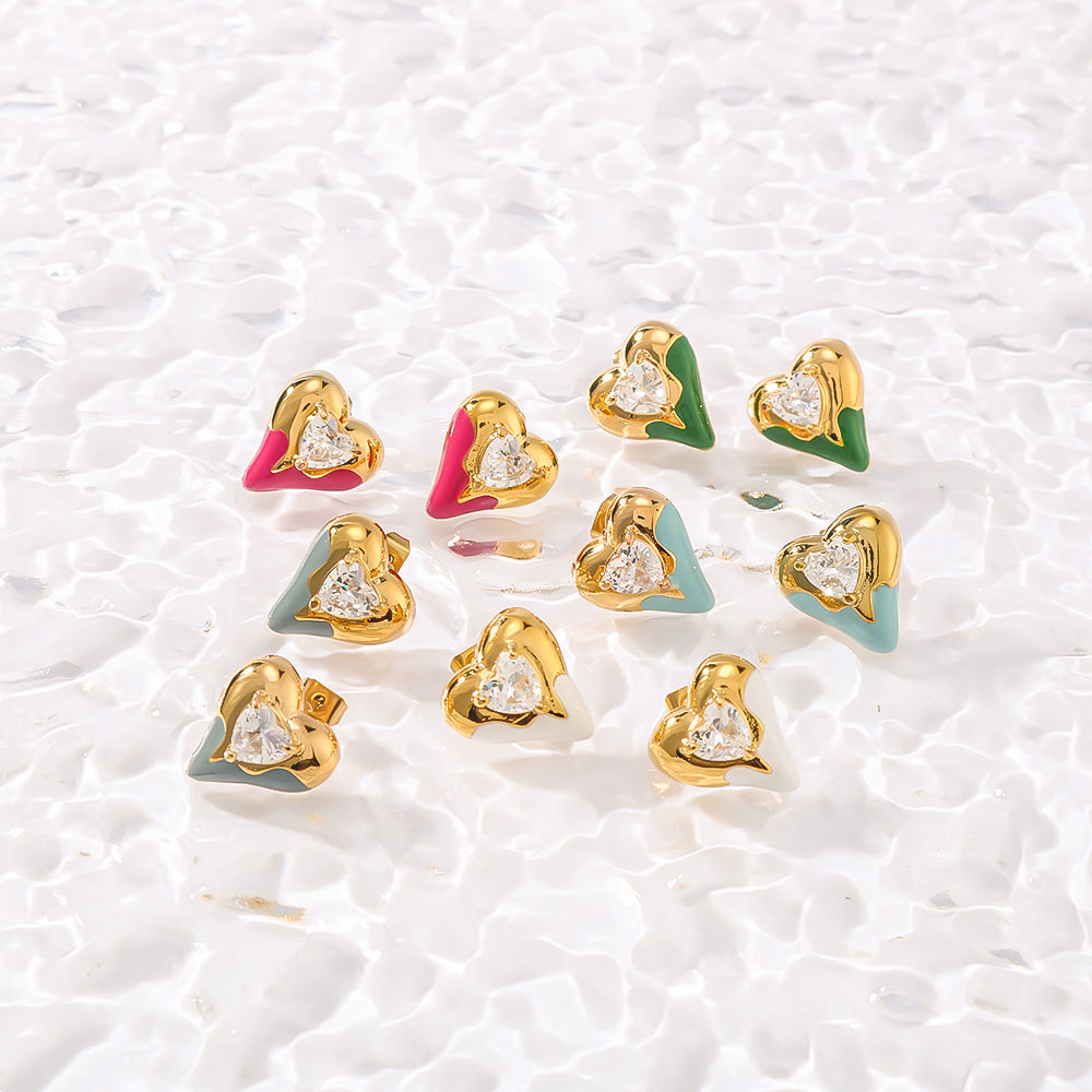 Simple Style Shiny Heart Shape Plating Inlay 304 Stainless Steel Zircon 18K Gold Plated Ear Studs