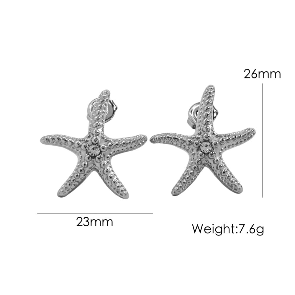 IG Style Marine Style Tropical Starfish Polishing Plating Inlay 304 Stainless Steel Rhinestones 14K Gold Plated Ear Studs