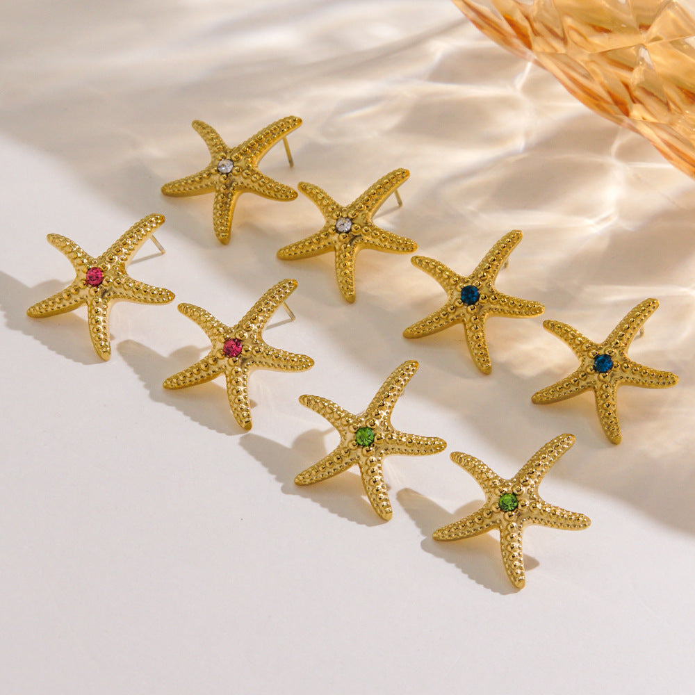 IG Style Marine Style Tropical Starfish Polishing Plating Inlay 304 Stainless Steel Rhinestones 14K Gold Plated Ear Studs