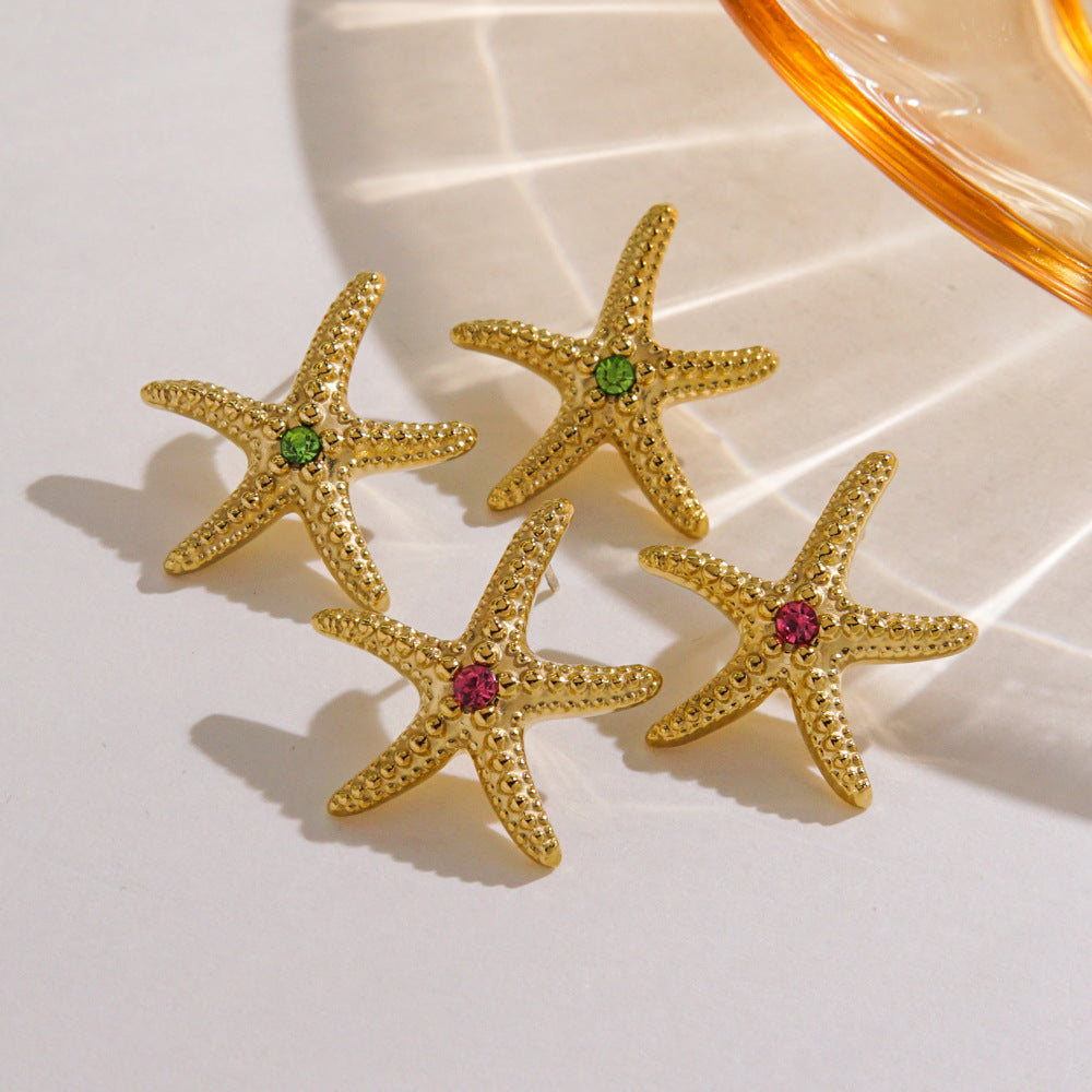 IG Style Marine Style Tropical Starfish Polishing Plating Inlay 304 Stainless Steel Rhinestones 14K Gold Plated Ear Studs