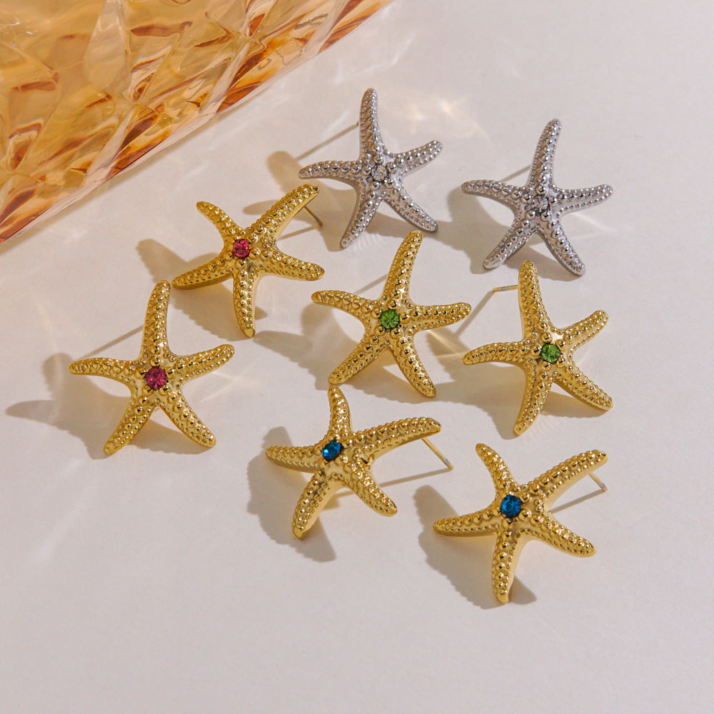 IG Style Marine Style Tropical Starfish Polishing Plating Inlay 304 Stainless Steel Rhinestones 14K Gold Plated Ear Studs