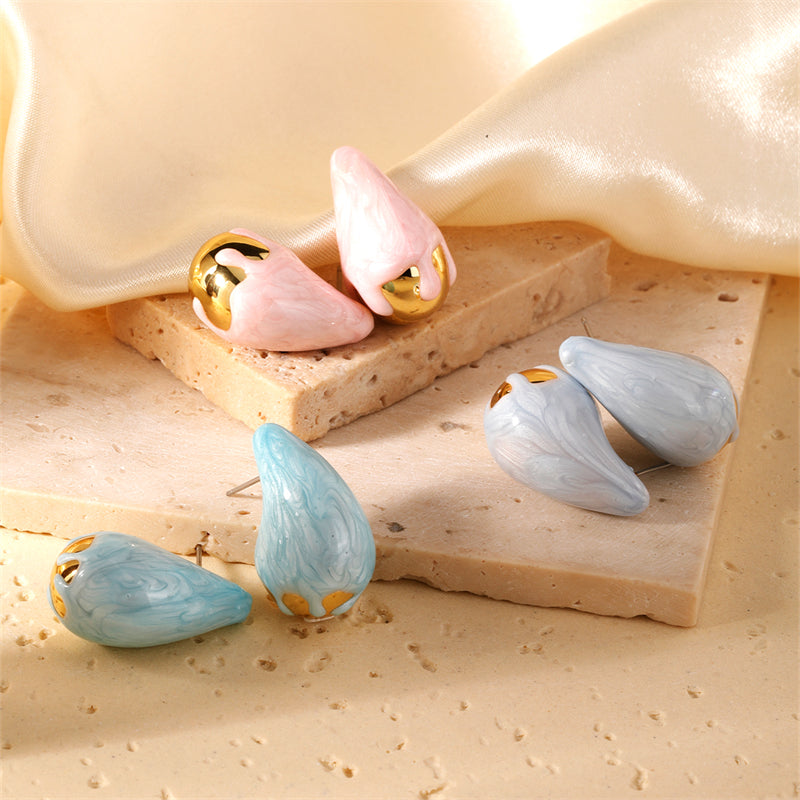 IG Style Water Droplets Asymmetrical CCB K Gold Plated Ear Studs