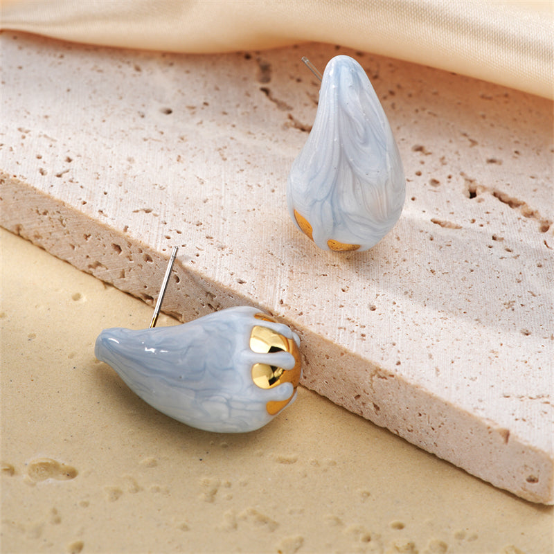 IG Style Water Droplets Asymmetrical CCB K Gold Plated Ear Studs