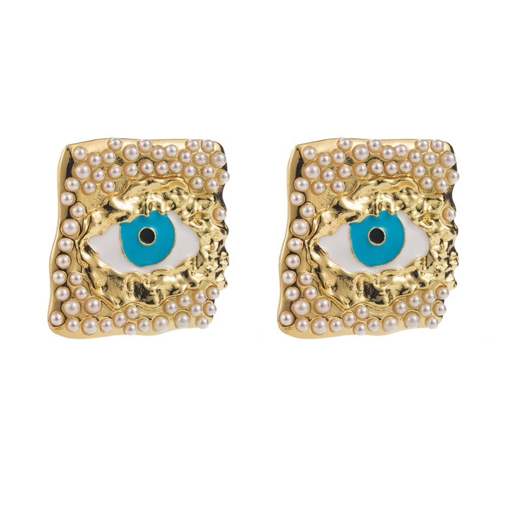 Classic Style Devil's Eye Square Inlay Alloy Pearl Gold Plated Ear Studs