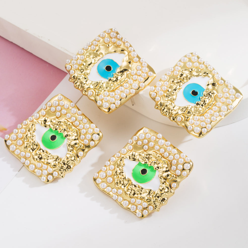 Classic Style Devil's Eye Square Inlay Alloy Pearl Gold Plated Ear Studs