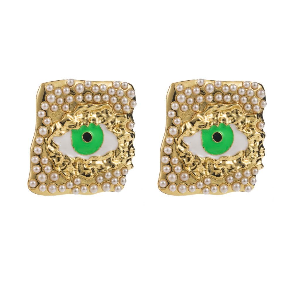 Classic Style Devil's Eye Square Inlay Alloy Pearl Gold Plated Ear Studs